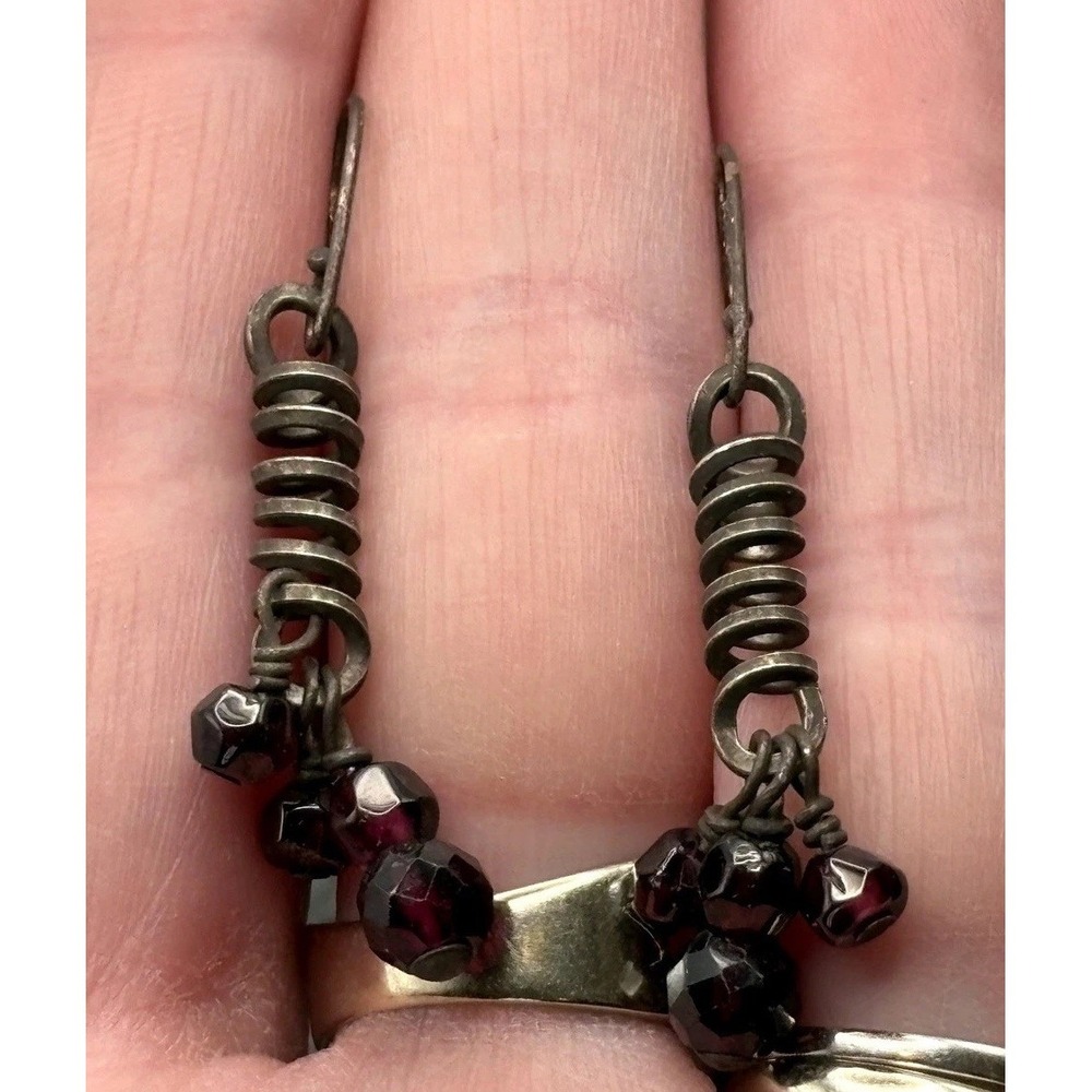 Rare Victorian Sterling Silver Bohemian Red Garnet Corkscrew Dangle Earrings